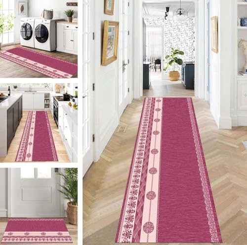 ZUZEKU Läufer Flur Küche Waschbar rutschfest Korridor Teppichmatten 60X500cm Lang Rosa Küchenteppich Flurteppich Läufer Schlafzimmer Esszimmer Polyester Teppichläufer Meterware Anpassbar von ZUZEKU