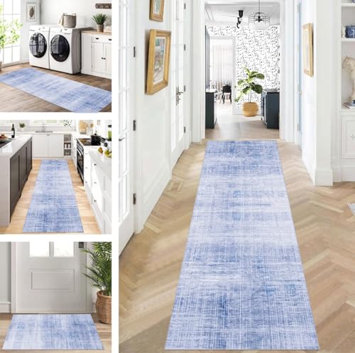 ZUZEKU Läufer Flur Küche Waschbar rutschfest Korridor Teppichmatten 70X280cm Lang Blau Küchenteppich Flurteppich Läufer Schlafzimmer Esszimmer Polyester Teppichläufer Meterware Anpassbar von ZUZEKU