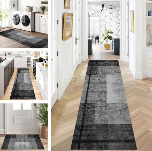 ZUZEKU Läufer Flur Küche Waschbar rutschfest Korridor Teppichmatten 90X300cm Lang Schwarz Grau Küchenteppich Flurteppich Läufer Schlafzimmer Esszimmer Polyester Teppichläufer Meterware Anpassbar von ZUZEKU