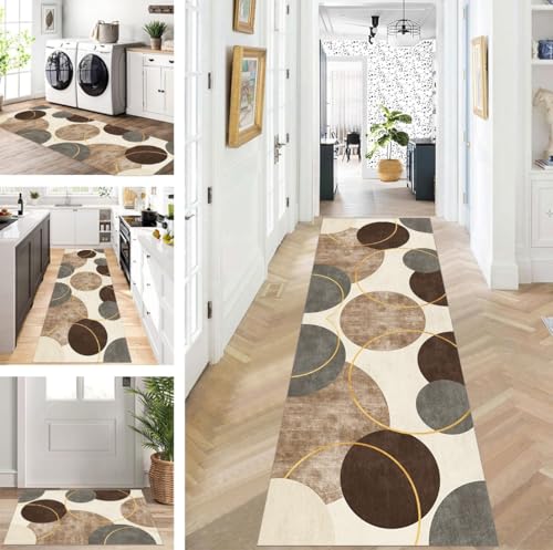 ZUZEKU Läufer Flur Küche Waschbar rutschfest Korridor Teppichmatten 90X450cm Lang Grau Braun Beige Küchenteppich Flurteppich Läufer Schlafzimmer Esszimmer Polyester Teppichläufer Meterware Anpassbar von ZUZEKU