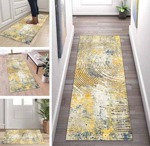 ZUZEKU Läufer Lang Flur rutschfest Teppich Küche Gelb Blau Modern Korridor Teppichmatten 80X250cm Küchenteppich Schlafzimmer Esszimmer Polyester Meterware Anpassbar von ZUZEKU