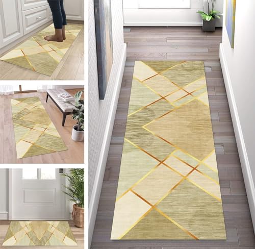 ZUZEKU Läufer Lang Flur rutschfest Teppich Küche Gold Modern Korridor Teppichmatten 50X180cm Küchenteppich Schlafzimmer Esszimmer Polyester Meterware Anpassbar von ZUZEKU