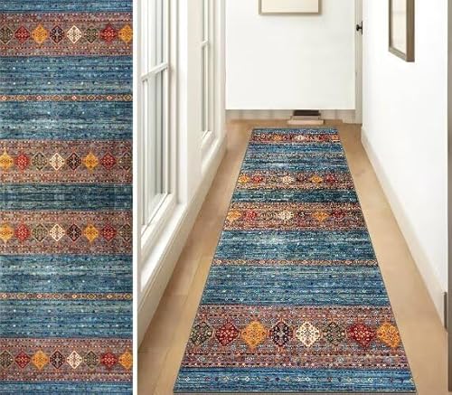 ZUZEKU Läufer Lang Flur rutschfest Teppich Küche Modern Korridor Teppichmatten 70X300cm Blau Küchenteppich Schlafzimmer Esszimmer Polyester Meterware Anpassbar von ZUZEKU
