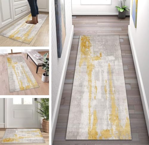 ZUZEKU Läufer Teppich Flur Küche Grau-Gelb rutschfest 80x150cm Küchenläufer Teppichmatten Waschbar Korridor Teppichläufer Küchenteppich Schlafzimmer Esszimmer Polyester Meterware Anpassbar von ZUZEKU