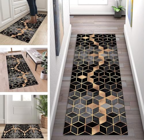 ZUZEKU Läufer Teppich Flur Küche Grau Schwarz Gold rutschfest 80x130cm Küchenläufer Teppichmatten Waschbar Korridor Teppichläufer Küchenteppich Schlafzimmer Esszimmer Polyester Meterware Anpassbar von ZUZEKU
