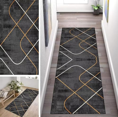 ZUZEKU Schwarz Teppich Läufer Lang Flur Küche rutschfest Waschbar Geometrisch Teppichmattent 40X80cm Vintage Küchenläufer Küchenteppich Meterware Esszimmer Schlafzimmer Wohnzimmer Schmutzfangmatte von ZUZEKU