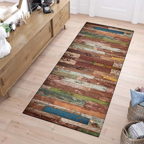 ZUZEKU Teppich Läufer Flur Bunt Holzmaserung Küche Modern rutschfest Waschbar Korridor Teppichlä Küchenläufer Flurläufer, Lang Teppich für Schlafzimmer Esszimmer Meterware Anpassbar von ZUZEKU