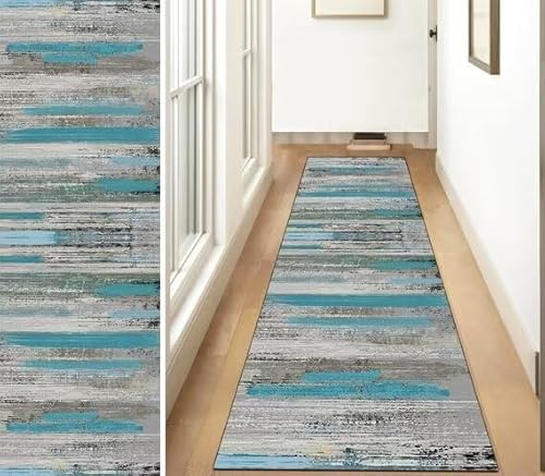ZUZEKU Teppich Läufer Flur Küche rutschfest Waschbar 110X400cm Modern Küchenläufer Flurläufer Lang Polyester Grau Blau Teppichläufer für Korridor Schlafzimmer Wohnzimmer Meterware Eingang von ZUZEKU