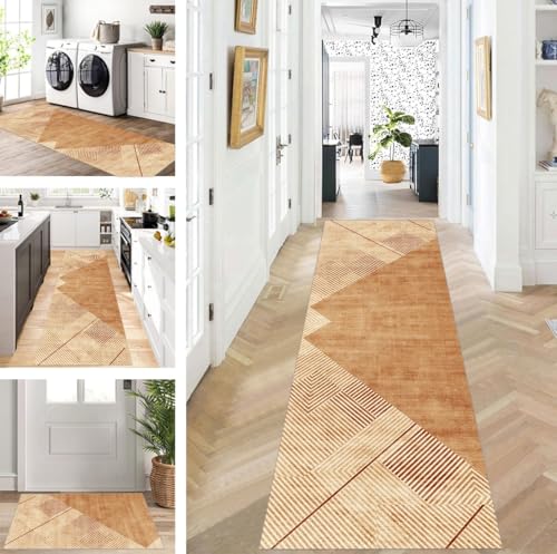 ZUZEKU Teppich Läufer Lang Braun Flur Küche rutschfest waschbar Teppichmatten Modern Design Küchenläufer 110X350cm Küchenteppich Meterware Esszimmer Schlafzimmer Wohnzimmer Schmutzfangmatte von ZUZEKU