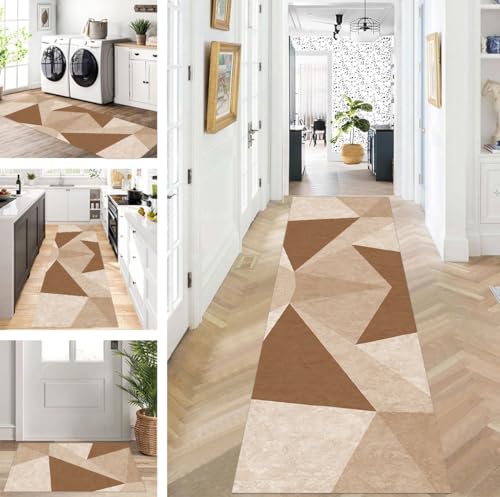 ZUZEKU Teppich Läufer Lang Braun Flur Küche rutschfest waschbar Teppichmatten Modern Design Küchenläufer 120X350cm Küchenteppich Meterware Esszimmer Schlafzimmer Wohnzimmer Schmutzfangmatte von ZUZEKU