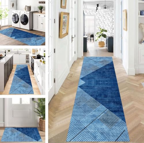 ZUZEKU Teppich Läufer Lang Dunkelblau Flur Küche rutschfest waschbar Teppichmatten Modern Design Küchenläufer 70X400cm Küchenteppich Meterware Esszimmer Schlafzimmer Wohnzimmer Schmutzfangmatte von ZUZEKU