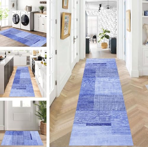 ZUZEKU Teppich Läufer Lang Flur Küche rutschfest waschbar Teppichmatten Modern Design Küchenläufer Blau 40X150cm Küchenteppich Meterware Esszimmer Schlafzimmer Wohnzimmer Schmutzfangmatte von ZUZEKU