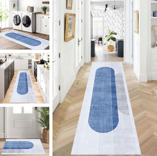 ZUZEKU Teppich Läufer Lang Flur Küche rutschfest waschbar Teppichmatten Modern Design Küchenläufer Blau 40X350cm Küchenteppich Meterware Esszimmer Schlafzimmer Wohnzimmer Schmutzfangmatte von ZUZEKU