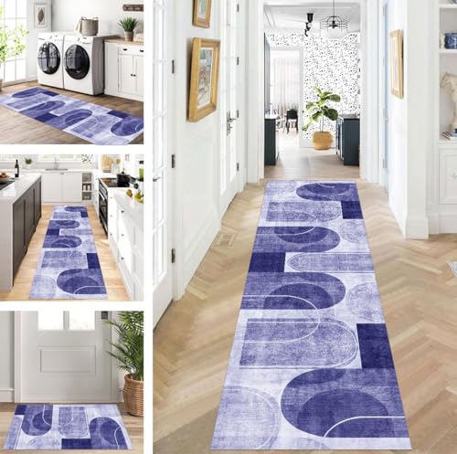 ZUZEKU Teppich Läufer Lang Flur Küche rutschfest waschbar Teppichmatten Modern Design Küchenläufer Blau 50X250cm Küchenteppich Meterware Esszimmer Schlafzimmer Wohnzimmer Schmutzfangmatte von ZUZEKU