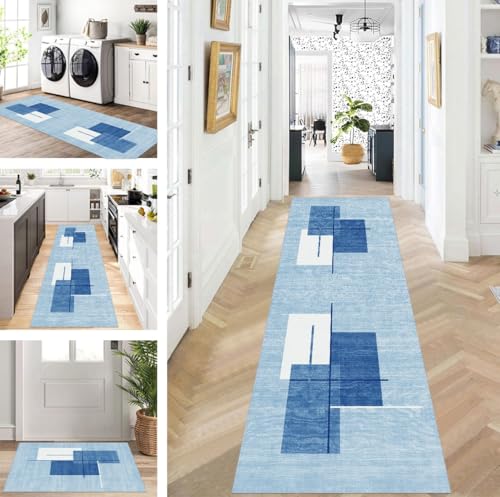 ZUZEKU Teppich Läufer Lang Flur Küche rutschfest waschbar Teppichmatten Modern Design Küchenläufer Blau 60X80cm Küchenteppich Meterware Esszimmer Schlafzimmer Wohnzimmer Schmutzfangmatte von ZUZEKU