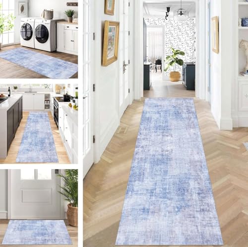 ZUZEKU Teppich Läufer Lang Flur Küche rutschfest waschbar Teppichmatten Modern Design Küchenläufer Blau 70X250cm Küchenteppich Meterware Esszimmer Schlafzimmer Wohnzimmer Schmutzfangmatte von ZUZEKU