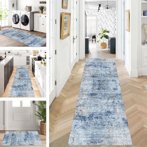 ZUZEKU Teppich Läufer Lang Flur Küche rutschfest waschbar Teppichmatten Modern Design Küchenläufer Blau 90X250cm Küchenteppich Meterware Esszimmer Schlafzimmer Wohnzimmer Schmutzfangmatte von ZUZEKU