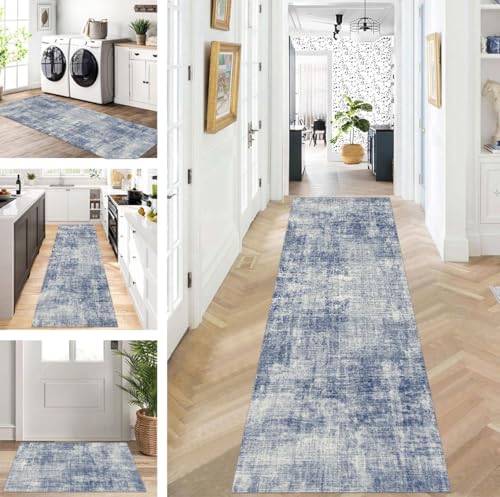 ZUZEKU Teppich Läufer Lang Flur Küche rutschfest waschbar Teppichmatten Modern Design Küchenläufer Blau 90X300cm Küchenteppich Meterware Esszimmer Schlafzimmer Wohnzimmer Schmutzfangmatte von ZUZEKU