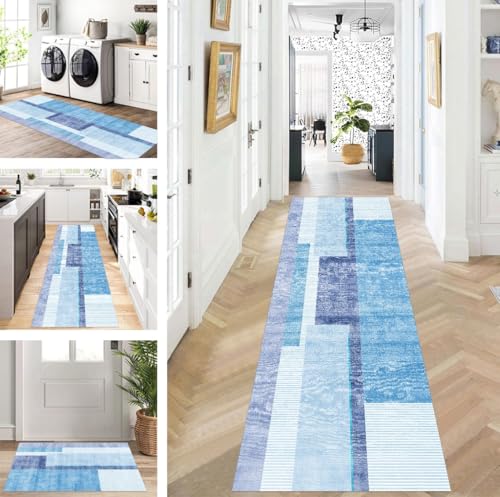 ZUZEKU Teppich Läufer Lang Flur Küche rutschfest waschbar Teppichmatten Modern Design Küchenläufer Blau Violett 100X200cm Küchenteppich Meterware Esszimmer Schlafzimmer Wohnzimmer Schmutzfangmatte von ZUZEKU