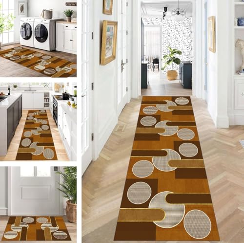 ZUZEKU Teppich Läufer Lang Flur Küche rutschfest waschbar Teppichmatten Modern Design Küchenläufer Braun 90X250cm Küchenteppich Meterware Esszimmer Schlafzimmer Wohnzimmer Schmutzfangmatte von ZUZEKU