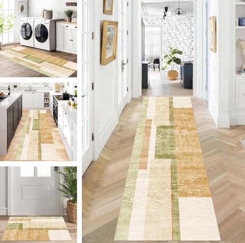 ZUZEKU Teppich Läufer Lang Flur Küche rutschfest waschbar Teppichmatten Modern Design Küchenläufer Braun Grün 70X150cm Küchenteppich Meterware Esszimmer Schlafzimmer Wohnzimmer Schmutzfangmatte von ZUZEKU
