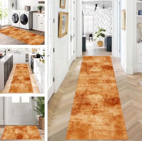 ZUZEKU Teppich Läufer Lang Flur Küche rutschfest waschbar Teppichmatten Modern Design Küchenläufer Braun Orange 100X160cm Küchenteppich Meterware Esszimmer Schlafzimmer Wohnzimmer Schmutzfangmatte von ZUZEKU