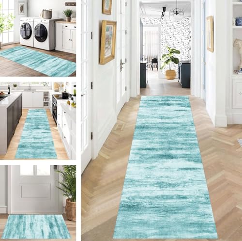 ZUZEKU Teppich Läufer Lang Flur Küche rutschfest waschbar Teppichmatten Modern Design Küchenläufer Cyan 100X500cm Küchenteppich Meterware Esszimmer Schlafzimmer Wohnzimmer Schmutzfangmatte von ZUZEKU