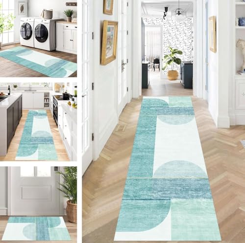 ZUZEKU Teppich Läufer Lang Flur Küche rutschfest waschbar Teppichmatten Modern Design Küchenläufer Cyan 40X100cm Küchenteppich Meterware Esszimmer Schlafzimmer Wohnzimmer Schmutzfangmatte von ZUZEKU