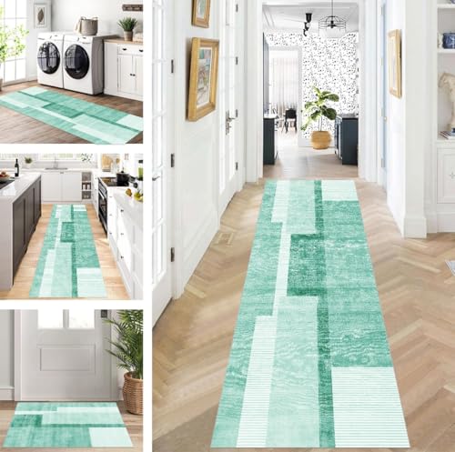 ZUZEKU Teppich Läufer Lang Flur Küche rutschfest waschbar Teppichmatten Modern Design Küchenläufer Cyan 80X150cm Küchenteppich Meterware Esszimmer Schlafzimmer Wohnzimmer Schmutzfangmatte von ZUZEKU