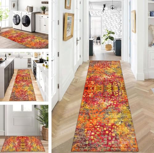 ZUZEKU Teppich Läufer Lang Flur Küche rutschfest waschbar Teppichmatten Modern Design Küchenläufer Gelb Rot Orange 40X120cm Küchenteppich Meterware Esszimmer Schlafzimmer Wohnzimmer Schmutzfangmatte von ZUZEKU