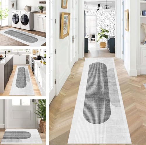 ZUZEKU Teppich Läufer Lang Flur Küche rutschfest waschbar Teppichmatten Modern Design Küchenläufer Grau 60X200cm Küchenteppich Meterware Esszimmer Schlafzimmer Wohnzimmer Schmutzfangmatte von ZUZEKU