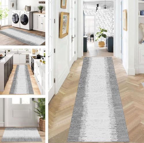 ZUZEKU Teppich Läufer Lang Flur Küche rutschfest waschbar Teppichmatten Modern Design Küchenläufer Grau 90X220cm Küchenteppich Meterware Esszimmer Schlafzimmer Wohnzimmer Schmutzfangmatte von ZUZEKU