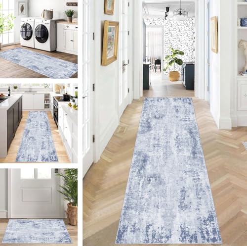 ZUZEKU Teppich Läufer Lang Flur Küche rutschfest waschbar Teppichmatten Modern Design Küchenläufer Grau Blau 100X400cm Küchenteppich Meterware Esszimmer Schlafzimmer Wohnzimmer Schmutzfangmatte von ZUZEKU