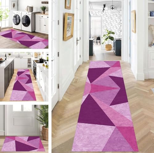 ZUZEKU Teppich Läufer Lang Flur Küche rutschfest waschbar Teppichmatten Modern Design Küchenläufer Grau Lila 90X450cm Küchenteppich Meterware Esszimmer Schlafzimmer Wohnzimmer Schmutzfangmatte von ZUZEKU