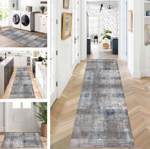 ZUZEKU Teppich Läufer Lang Flur Küche rutschfest waschbar Teppichmatten Modern Design Küchenläufer Graublau 60X150cm Küchenteppich Meterware Esszimmer Schlafzimmer Wohnzimmer Schmutzfangmatte von ZUZEKU