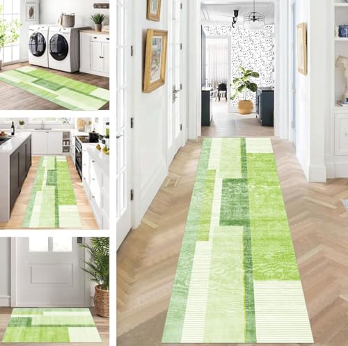 ZUZEKU Teppich Läufer Lang Flur Küche rutschfest waschbar Teppichmatten Modern Design Küchenläufer Grün 50X400cm Küchenteppich Meterware Esszimmer Schlafzimmer Wohnzimmer Schmutzfangmatte von ZUZEKU