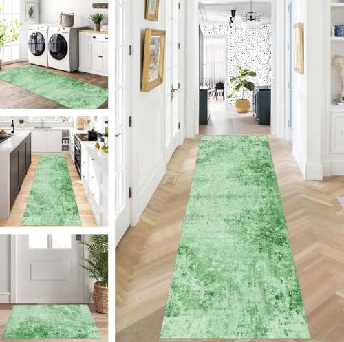 ZUZEKU Teppich Läufer Lang Flur Küche rutschfest waschbar Teppichmatten Modern Design Küchenläufer Grün 70X500cm Küchenteppich Meterware Esszimmer Schlafzimmer Wohnzimmer Schmutzfangmatte von ZUZEKU
