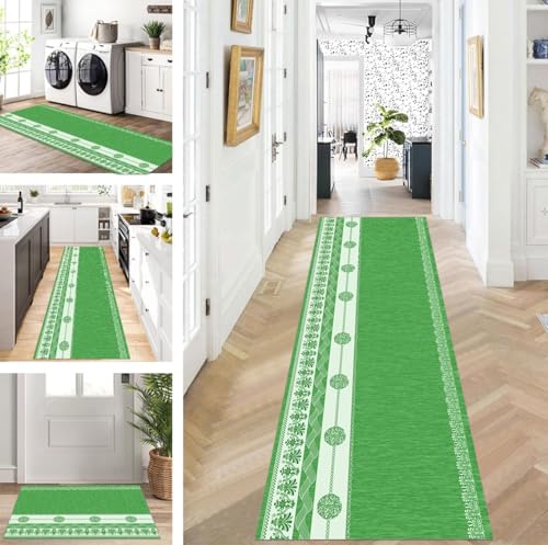 ZUZEKU Teppich Läufer Lang Flur Küche rutschfest waschbar Teppichmatten Modern Design Küchenläufer Grün 90X100cm Küchenteppich Meterware Esszimmer Schlafzimmer Wohnzimmer Schmutzfangmatte von ZUZEKU