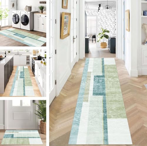 ZUZEKU Teppich Läufer Lang Flur Küche rutschfest waschbar Teppichmatten Modern Design Küchenläufer Grün Cyan 90X200cm Küchenteppich Meterware Esszimmer Schlafzimmer Wohnzimmer Schmutzfangmatte von ZUZEKU