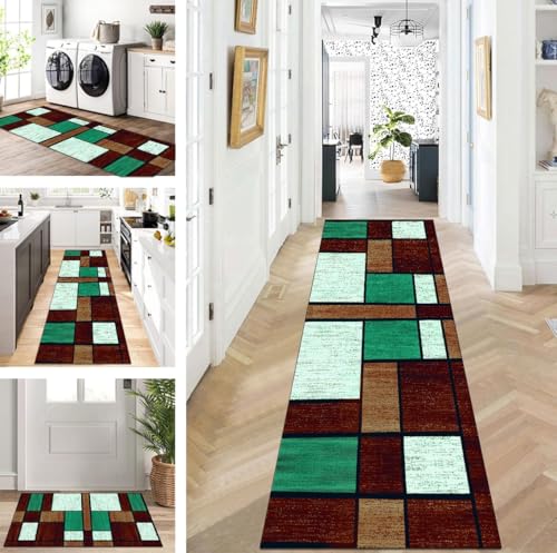 ZUZEKU Teppich Läufer Lang Flur Küche rutschfest waschbar Teppichmatten Modern Design Küchenläufer Grün Rot Braun 120X550cm Küchenteppich Meterware Esszimmer Schlafzimmer Wohnzimmer Schmutzfangmatte von ZUZEKU