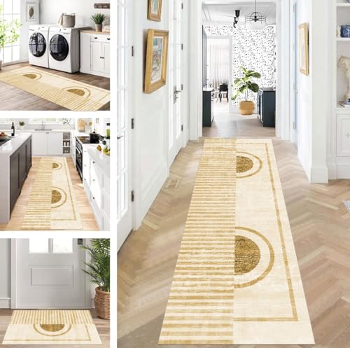 ZUZEKU Teppich Läufer Lang Flur Küche rutschfest waschbar Teppichmatten Modern Design Küchenläufer Hellbraun Beige 100X240cm Küchenteppich Meterware Esszimmer Schlafzimmer Wohnzimmer Schmutzfangmatte von ZUZEKU
