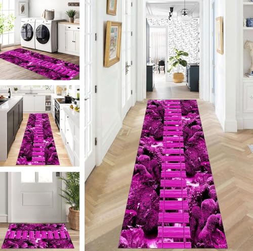 ZUZEKU Teppich Läufer Lang Flur Küche rutschfest waschbar Teppichmatten Modern Design Küchenläufer Lila Rosa 50X100cm Küchenteppich Meterware Esszimmer Schlafzimmer Wohnzimmer Schmutzfangmatte von ZUZEKU