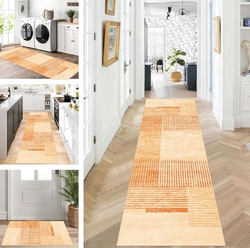 ZUZEKU Teppich Läufer Lang Flur Küche rutschfest waschbar Teppichmatten Modern Design Küchenläufer Orange 120X600cm Küchenteppich Meterware Esszimmer Schlafzimmer Wohnzimmer Schmutzfangmatte von ZUZEKU