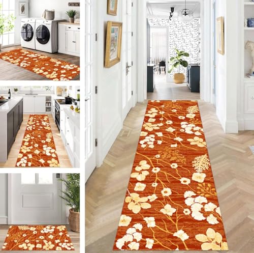 ZUZEKU Teppich Läufer Lang Flur Küche rutschfest waschbar Teppichmatten Modern Design Küchenläufer Orange 40X90cm Küchenteppich Meterware Esszimmer Schlafzimmer Wohnzimmer Schmutzfangmatte von ZUZEKU