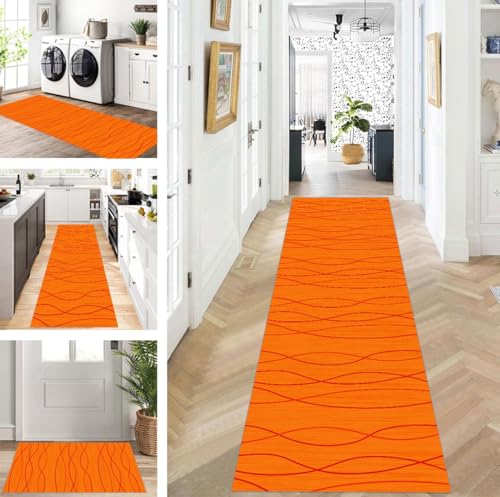 ZUZEKU Teppich Läufer Lang Flur Küche rutschfest waschbar Teppichmatten Modern Design Küchenläufer Orange 60X90cm Küchenteppich Meterware Esszimmer Schlafzimmer Wohnzimmer Schmutzfangmatte von ZUZEKU