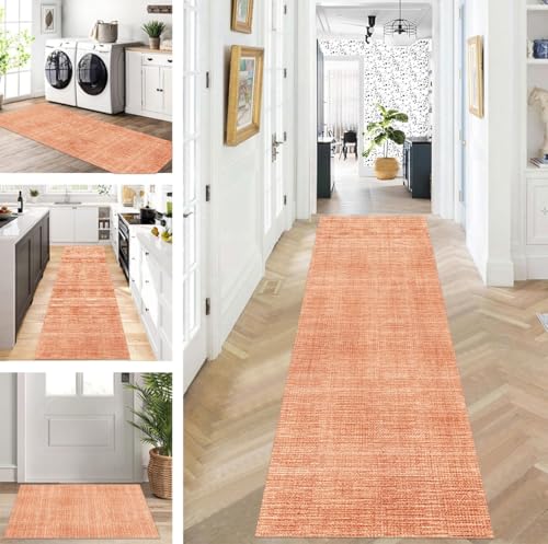 ZUZEKU Teppich Läufer Lang Flur Küche rutschfest waschbar Teppichmatten Modern Design Küchenläufer Orange 90X400cm Küchenteppich Meterware Esszimmer Schlafzimmer Wohnzimmer Schmutzfangmatte von ZUZEKU