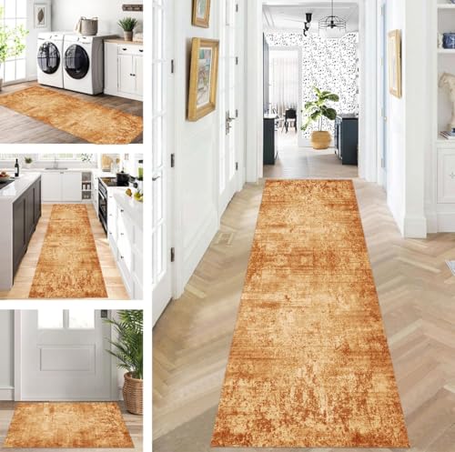 ZUZEKU Teppich Läufer Lang Flur Küche rutschfest waschbar Teppichmatten Modern Design Küchenläufer Orange Braun 60X250cm Küchenteppich Meterware Esszimmer Schlafzimmer Wohnzimmer Schmutzfangmatte von ZUZEKU