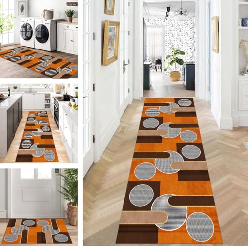 ZUZEKU Teppich Läufer Lang Flur Küche rutschfest waschbar Teppichmatten Modern Design Küchenläufer Orange Braun 70X130cm Küchenteppich Meterware Esszimmer Schlafzimmer Wohnzimmer Schmutzfangmatte von ZUZEKU