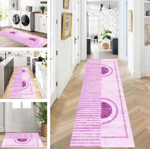 ZUZEKU Teppich Läufer Lang Flur Küche rutschfest waschbar Teppichmatten Modern Design Küchenläufer Rosa Lila 80X180cm Küchenteppich Meterware Esszimmer Schlafzimmer Wohnzimmer Schmutzfangmatte von ZUZEKU