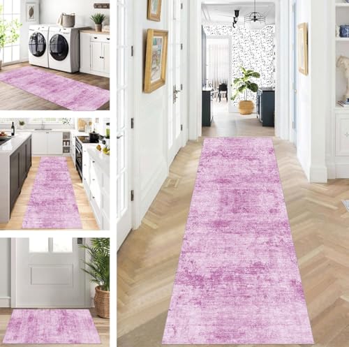 ZUZEKU Teppich Läufer Lang Flur Küche rutschfest waschbar Teppichmatten Modern Design Küchenläufer Rosa Violett 90X350cm Küchenteppich Meterware Esszimmer Schlafzimmer Wohnzimmer Schmutzfangmatte von ZUZEKU